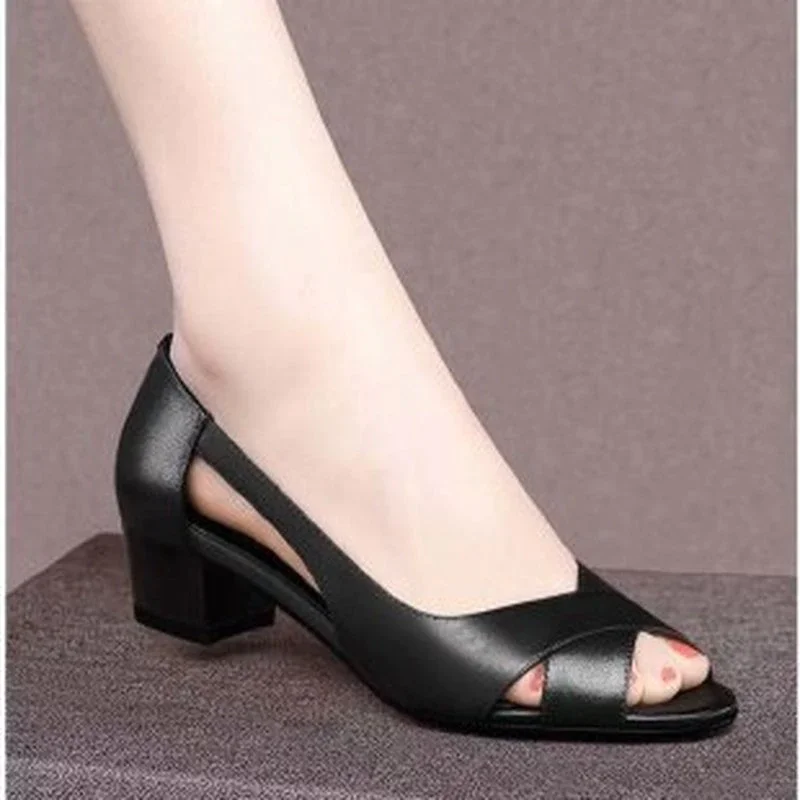 Yyvonne Leather Women Shoes Comfortable Ladies Mid Heel Sandals Hollow Peep Toe Square Heel Sandals Woman Footwear tacones mujer