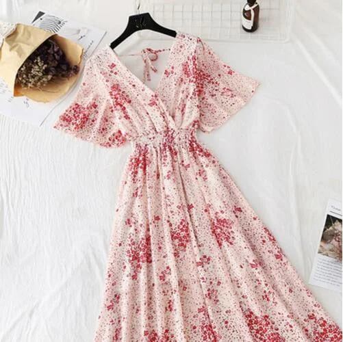 2020 Slim V Neck Summer Midi Long Dress Vestido Party Short sleeve Chiffon dress Women Casual Elegant print A-Line Vestidos