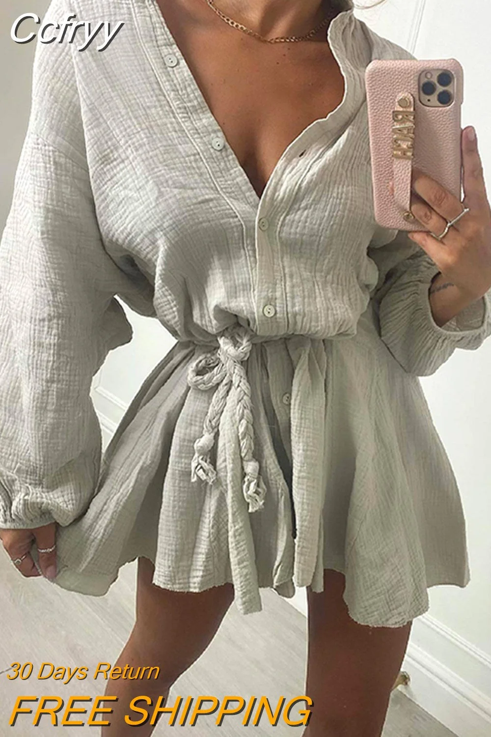 Huibahe Women Vintage Ruffle A-line Dress Casual V-neck Buttons Cardigan Solid Dress New Summer 2023 Lady Elegant Party Dresses Vestidos