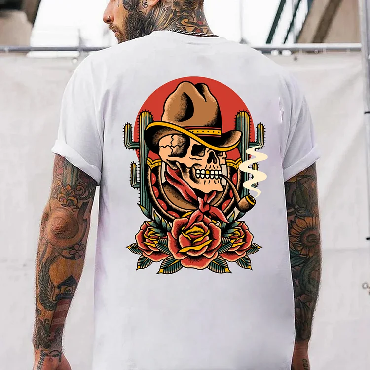 Vintage Sunset Cactus Skull Print Men's T-shirt