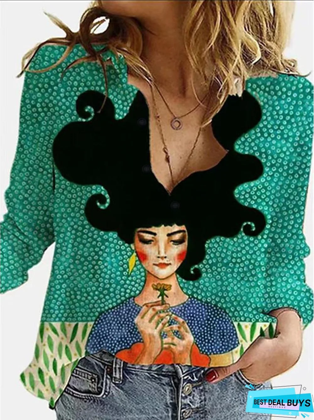 Women's Blouse Shirt Portrait Long Sleeve Print Shirt Collar Tops Basic Top Blue Green