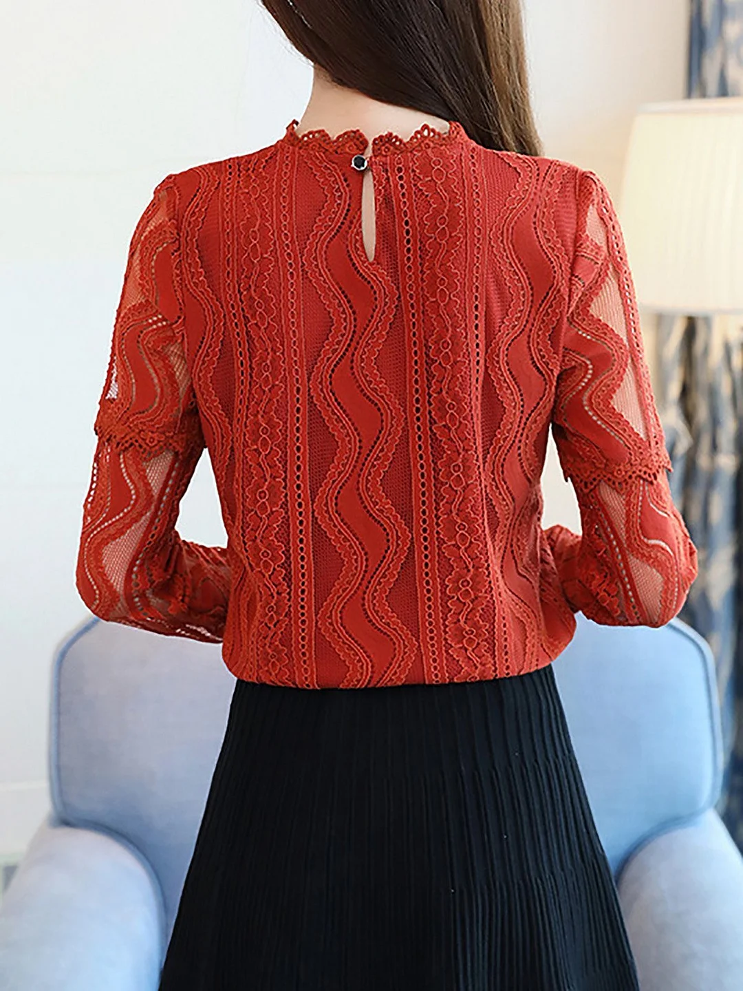 Casual Lace Paneled Long Sleeve Shirts & Tops