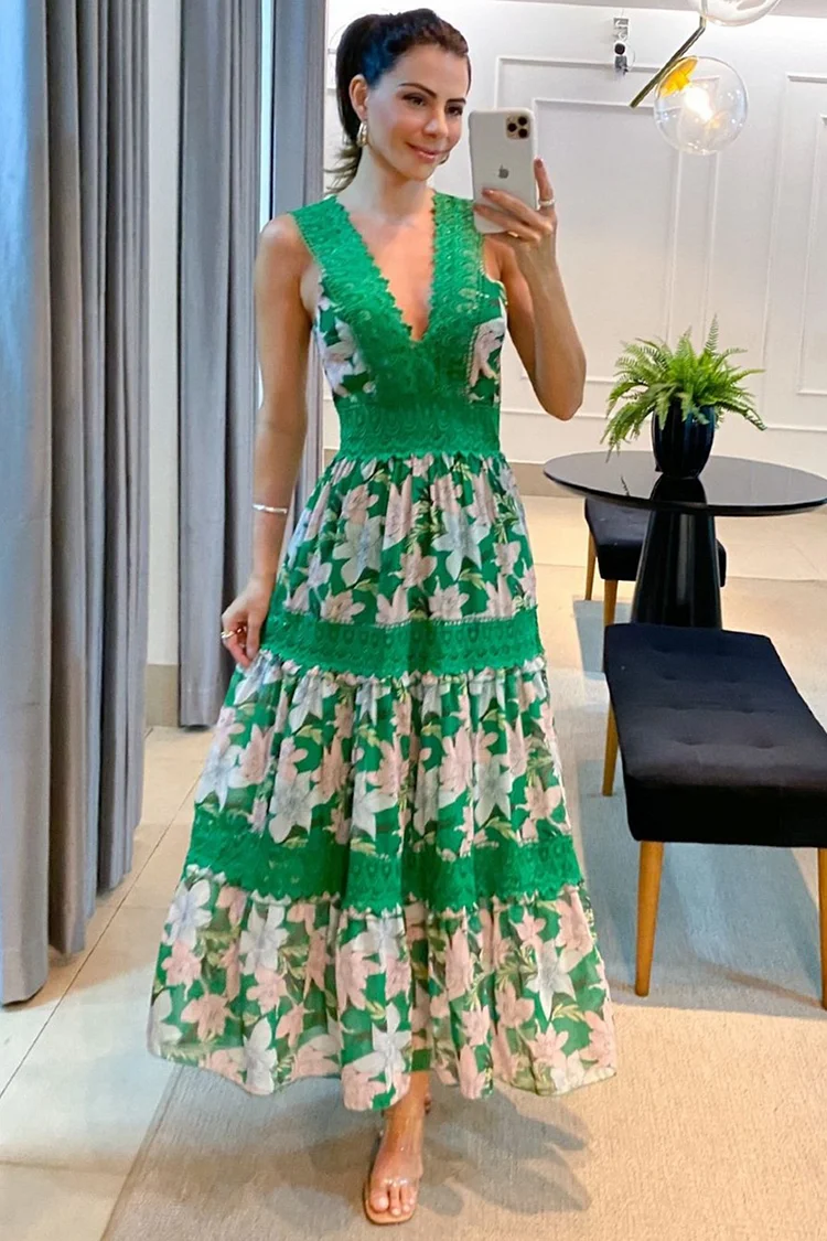Deep V Neck Straps Lace Stitching Sleeveless Floral Print A-line Maxi Dresses