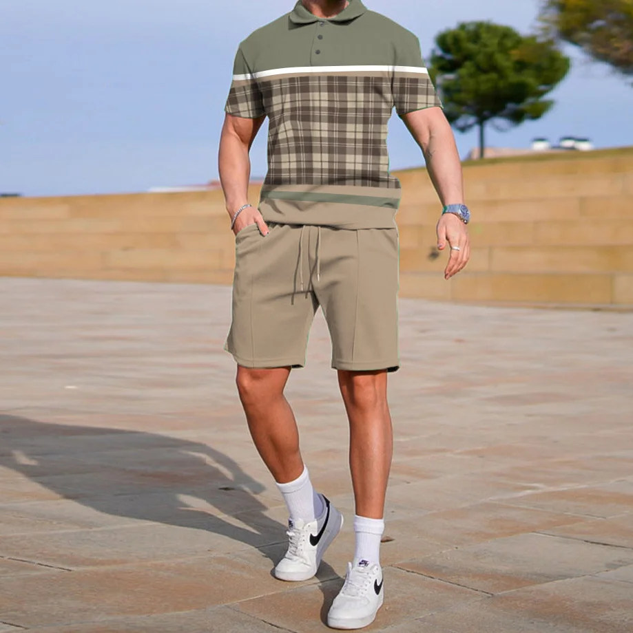 Plaid Retro Casual Polo Shirt Set