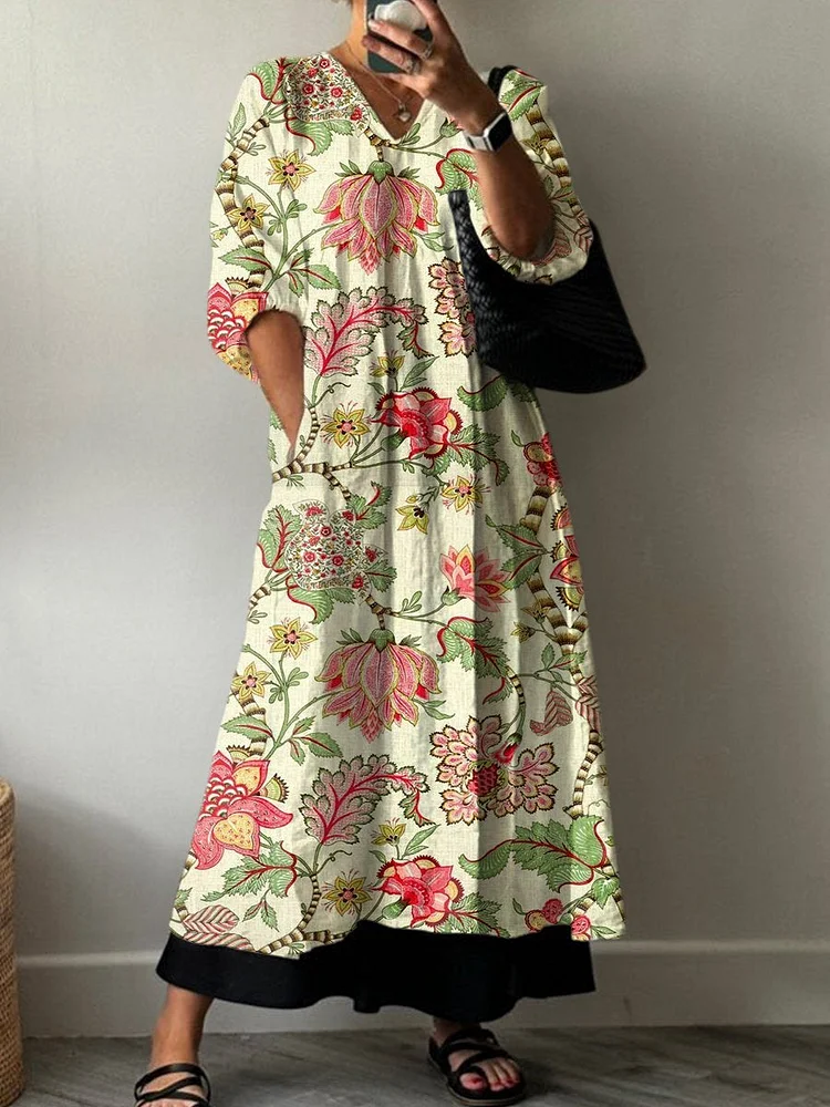 Women's Retro Floral Print Pocket V-neck Cotton Dress