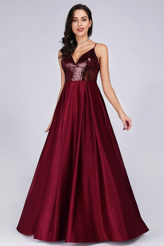 Bellasprom Burgundy V-Neck Long Prom Dress Online Sequins Bellasprom