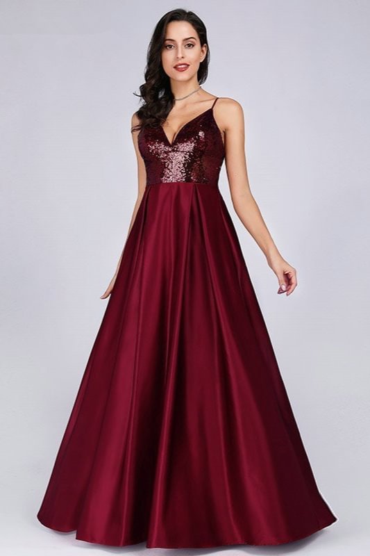 Glamorous Burgundy Sequins V-Neck Long Prom Dress Online - lulusllly