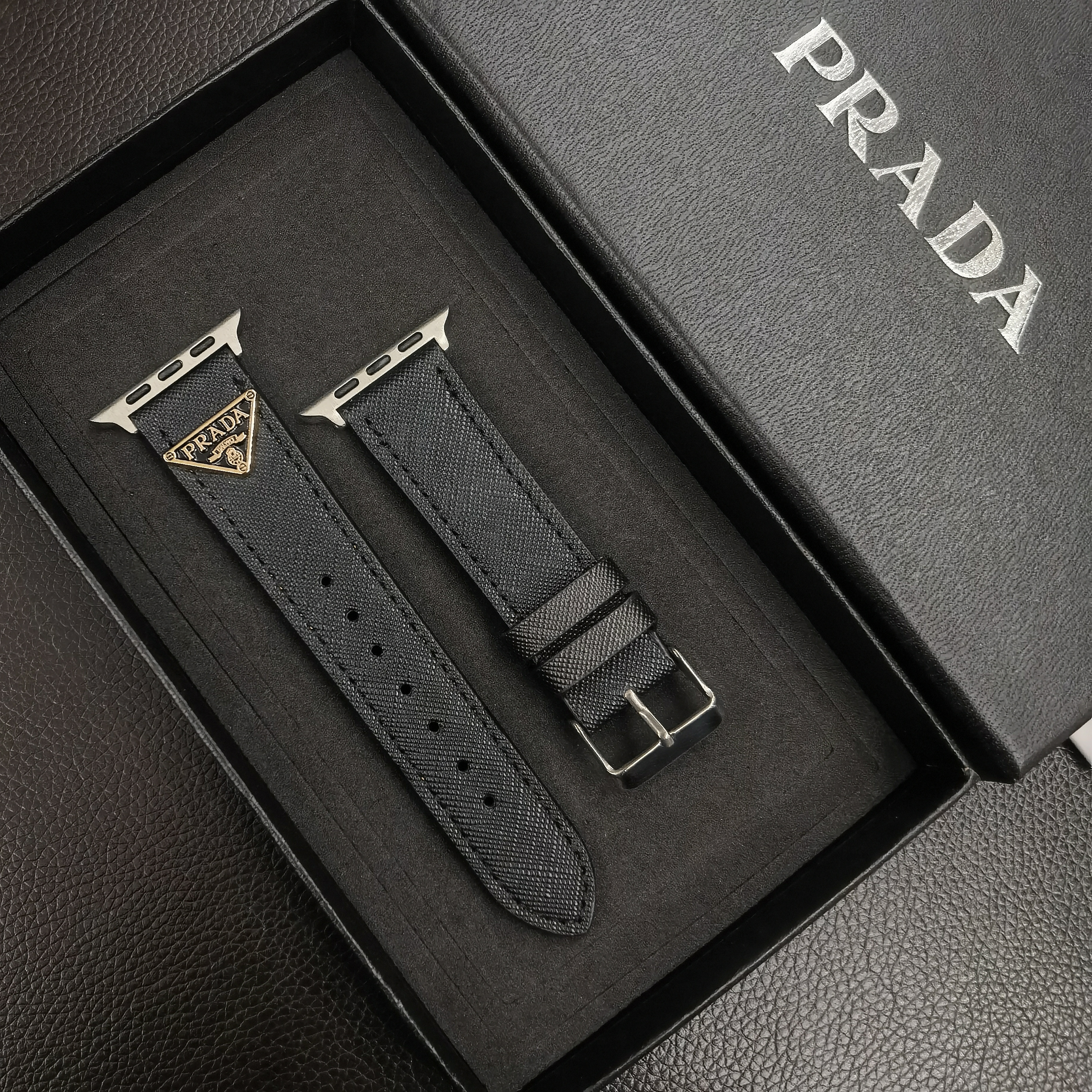 Prada Leather Triangle Monogram Logo Apple Watch Replacement Strap