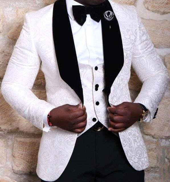 Jacquard White Classic Wedding Groom Tuxedos Online Three Pieces Men Suit | Ballbellas Ballbellas