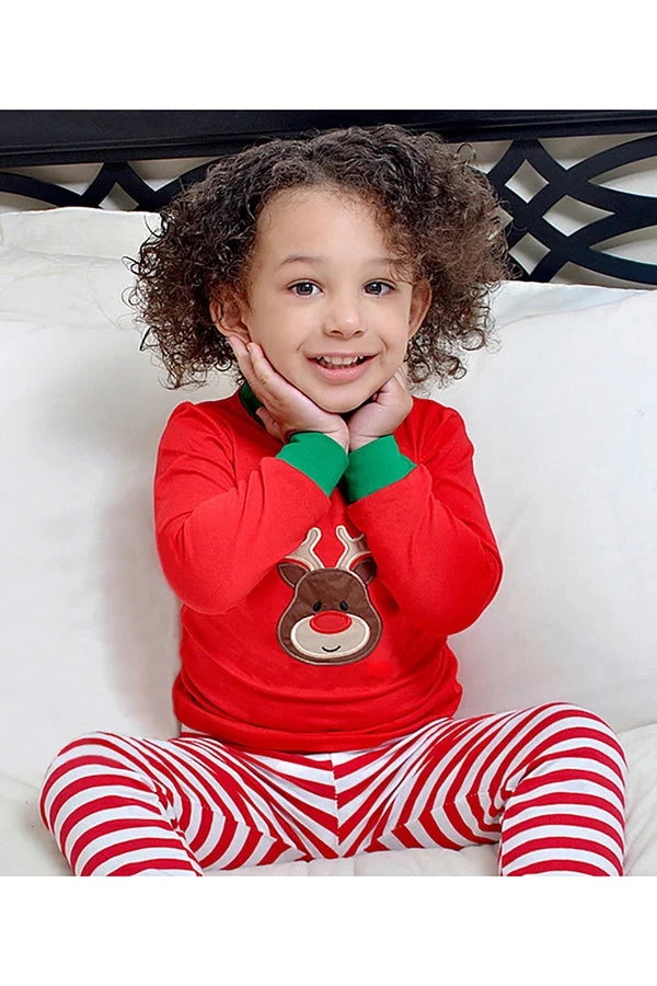 Long Sleeve Reindeer Print Stripe Kids Girls Christmas Pajamas Red-elleschic