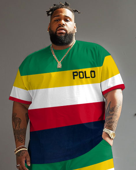 Big Guy's Polo Color Stripes T-Shirt Shorts Set