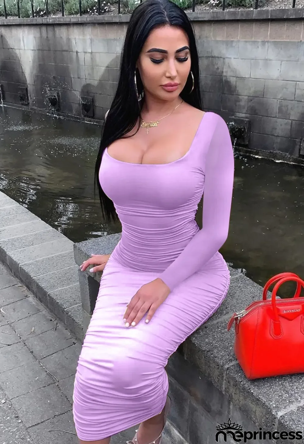 Autumn Casual Purple Long Sleeve Ruched Midi Dress