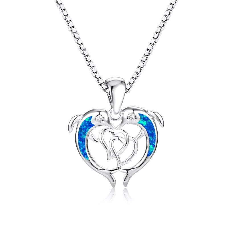 Female Dolphin Heart Pendant Necklace White Blue Opal Stone Animal Necklace Boho Gold Silver Color Chain Necklaces For Women