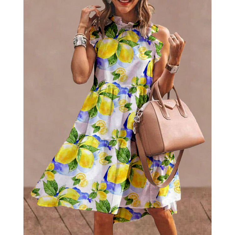 Women's Lemon Print Sleeveless Dress socialshop