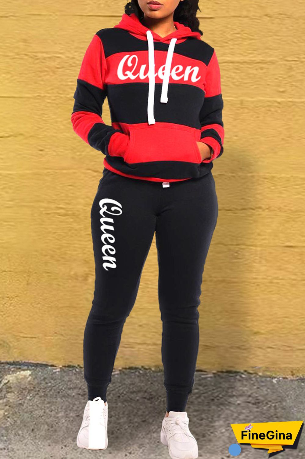 Black Casual Letter Striped Print Patchwork Contrast Hooded Collar Long Sleeve Two Pieces