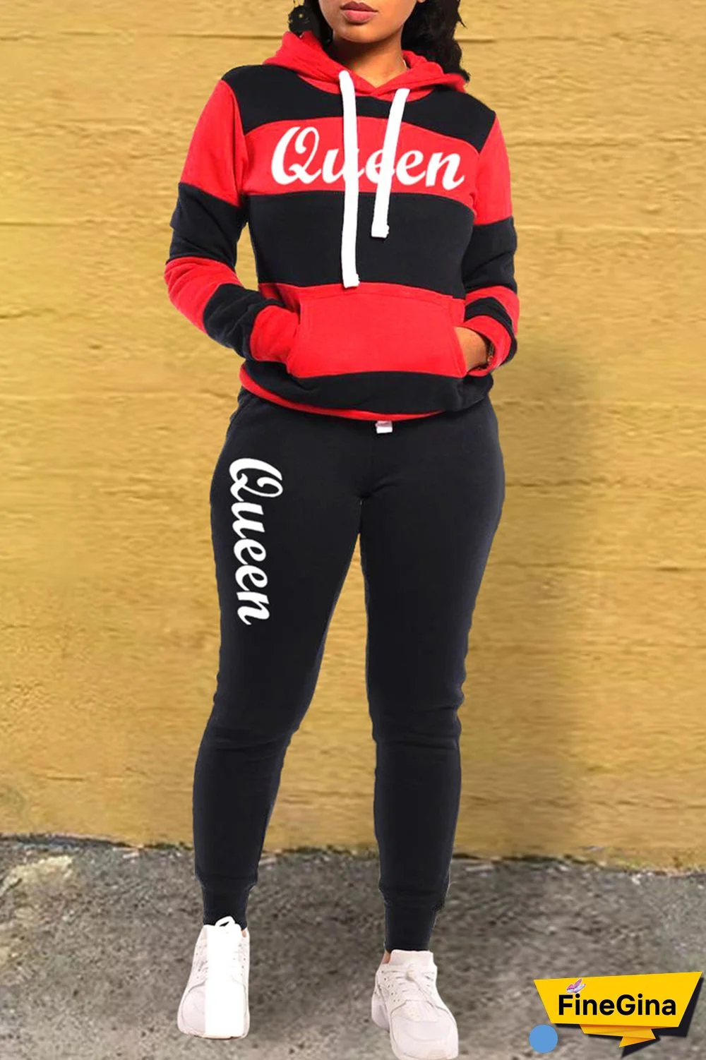 Black Casual Letter Striped Print Patchwork Contrast Hooded Collar Long Sleeve Two Pieces