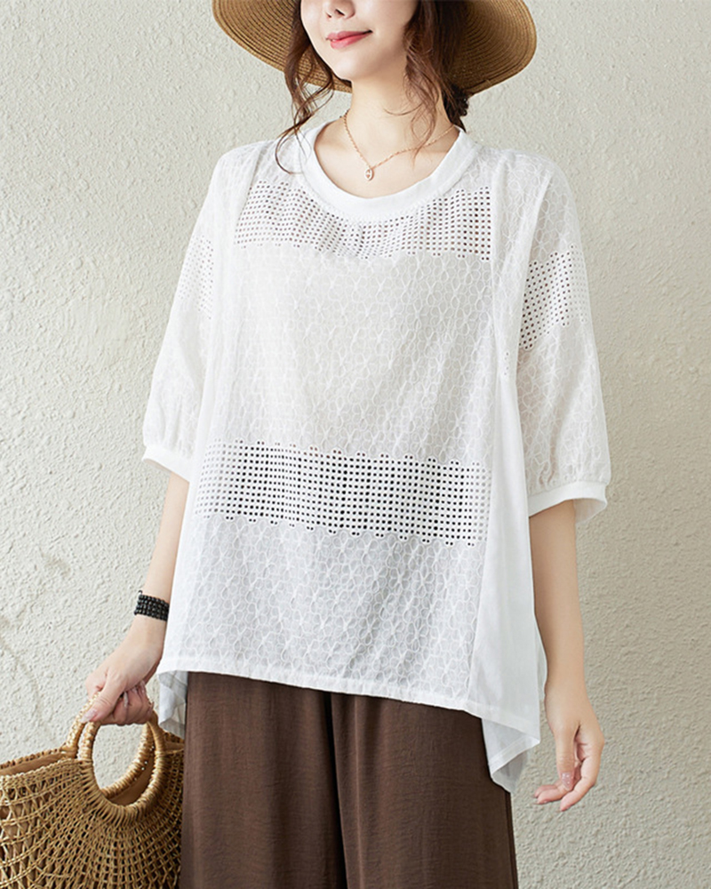Open Work Pattern Round Neck Loose Half Sleeve Top