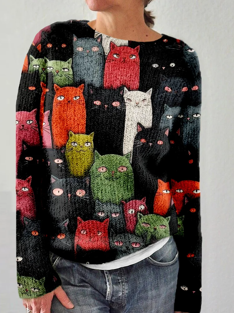 Cute Cats Graphic Round Neck Cozy Sweater