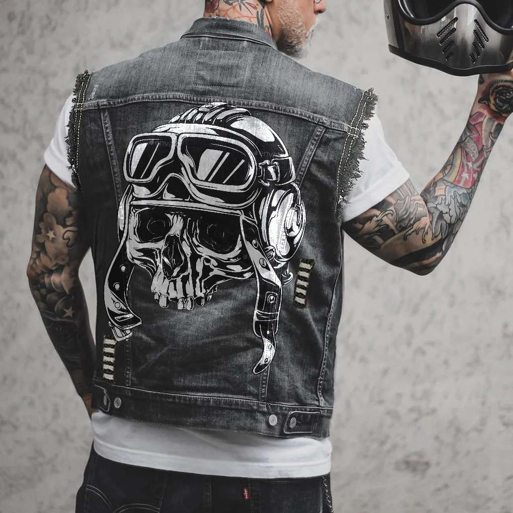 Helmet Skull Print Men's Denim Vest Jacket