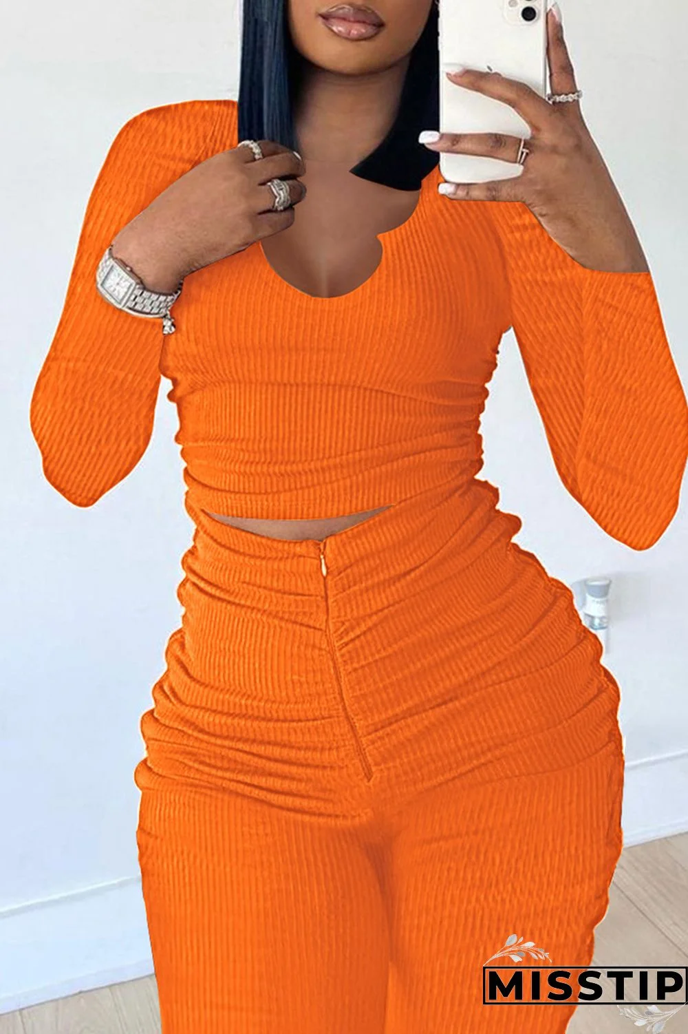 Brownness Fashion Casual Sweet Solid Fold O Neck Long Sleeve Two Pieces