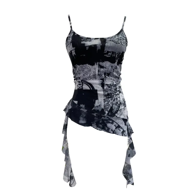 Brownm Solid Shooting Wasteland Style Personality Letter Tie-Dye Printing Mesh Sling Sling Babes Irregular Tuxedo Small Vest 9965
