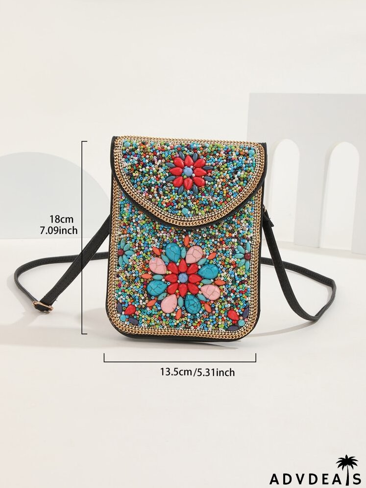 Colorblock Contrast Binding Beaded Decor Flap Square Bag