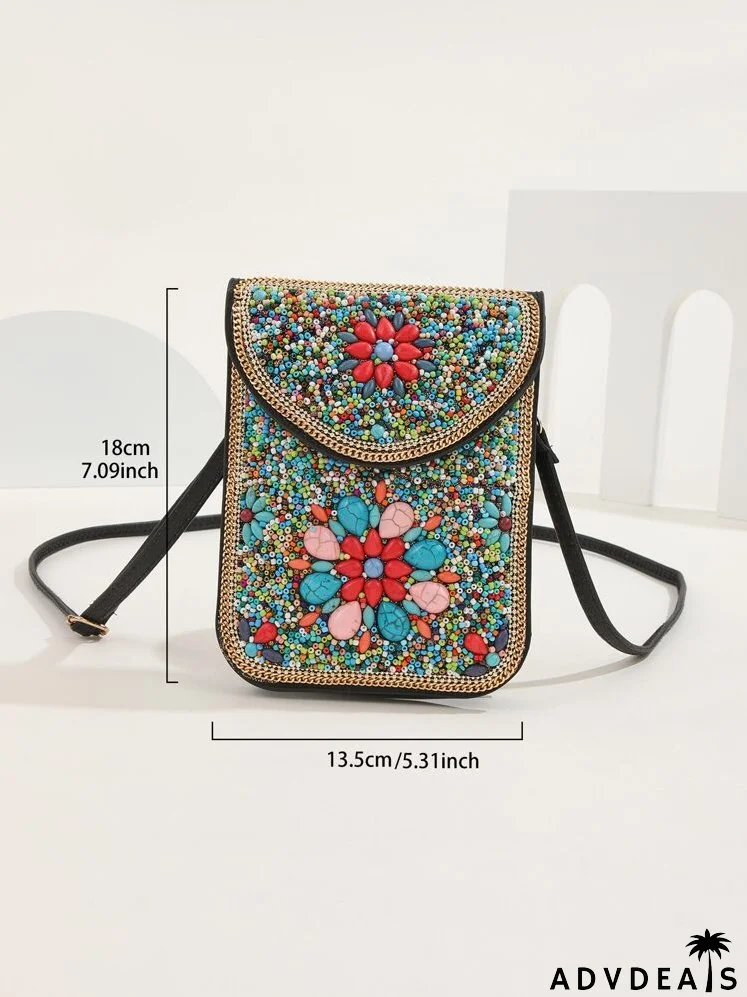 Colorblock Contrast Binding Beaded Decor Flap Square Bag