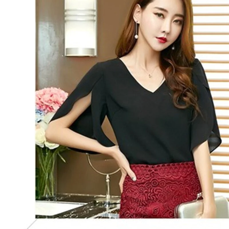 Mongw New Women Summer V Collar Blouse Shirt Top Chiffon Ruffle Half Sleeve Sleeve Split Hollow Casual Loose Elegant Blouses Blusas
