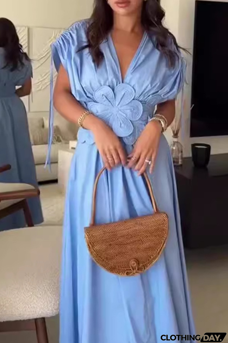 Elegant Solid Color Draw String Flower Shape V Neck Waist Skirt Dresses