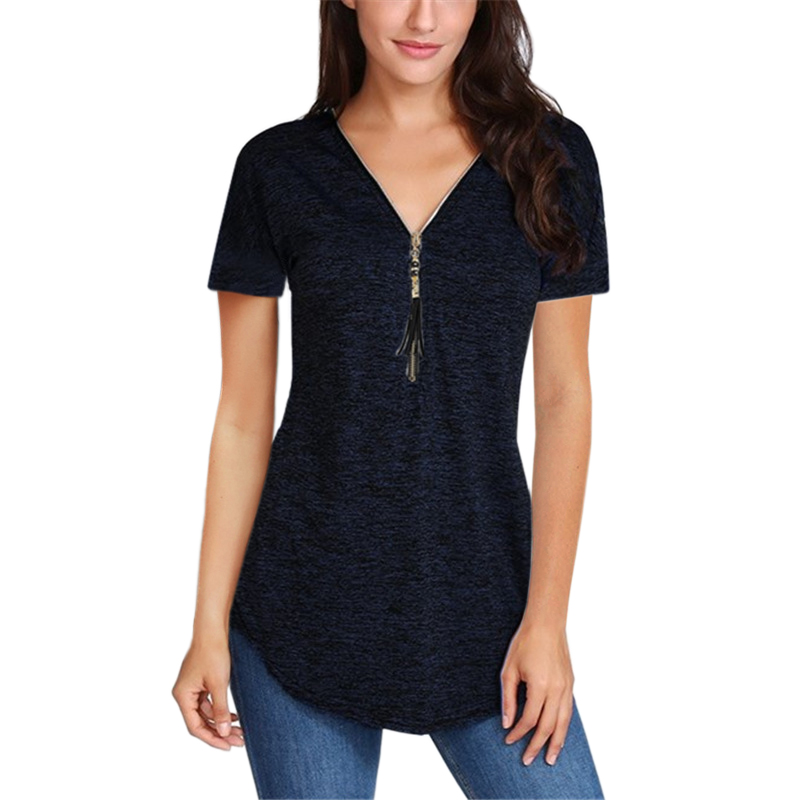 Good Quality Tassel Zipper Front V-Neck Casual Slim Short Tshirts Women 2022 New Summer