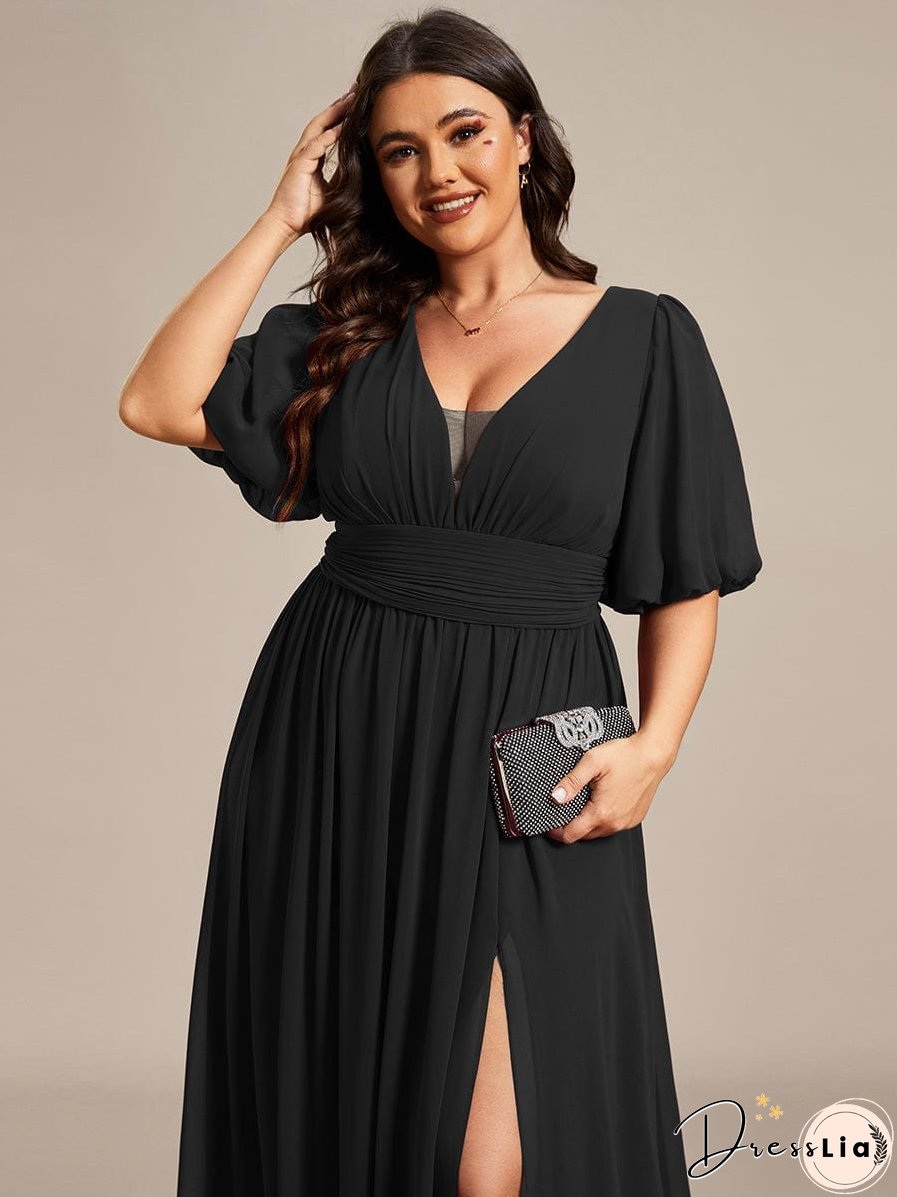 Elegant Deep V-Neck A-Line Bridesmaid Dress with Half Puff Sleeves