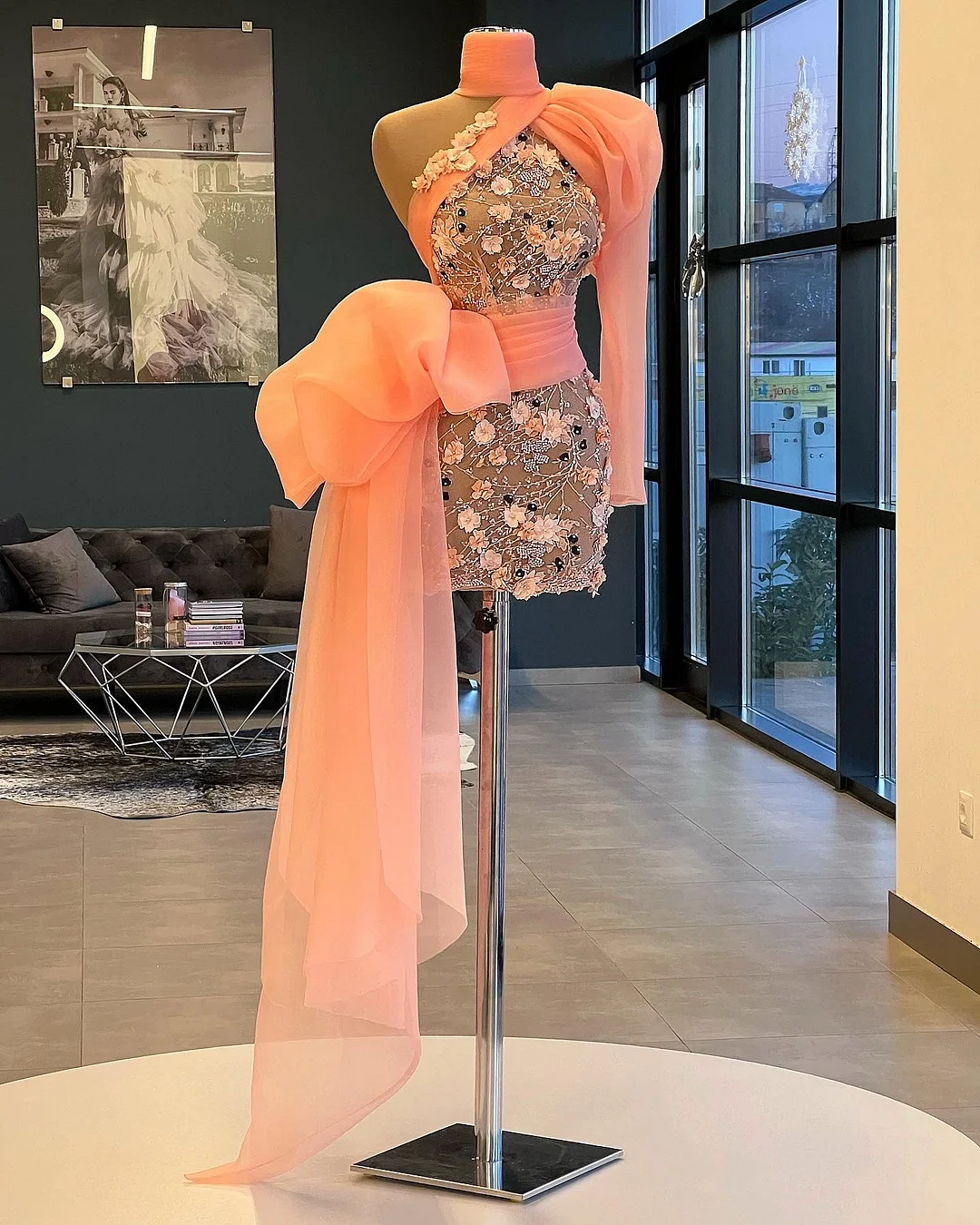 Peach Floral Beaded Short Dress