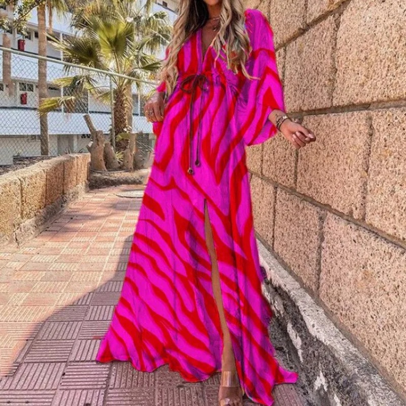Women's Long V-Neck Printed Belted Princess Sleeve Regular Waist Ankle-Length Dress 