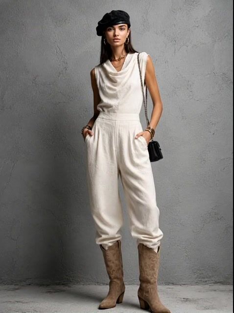 Women's Retro Style Off-White Cotton Linen Sleeveless High-Waisted Pleated Long Jumpsuit MD
