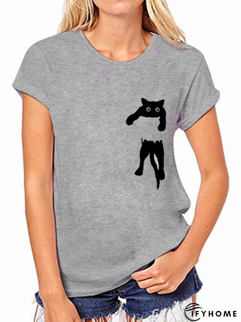 Women Casual Cat Printed Cotton Crew Neck T-shirt & Top | IFYHOME