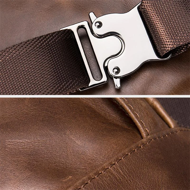 Soft Genuine Leather Adjustable Strap Earphone Jack Multi-Pocket Chest Bag
