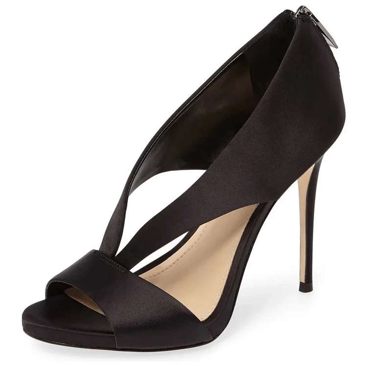 Women's Black Satin Peep Toe Cutout High Heel Stiletto Shoes |FSJ Shoes