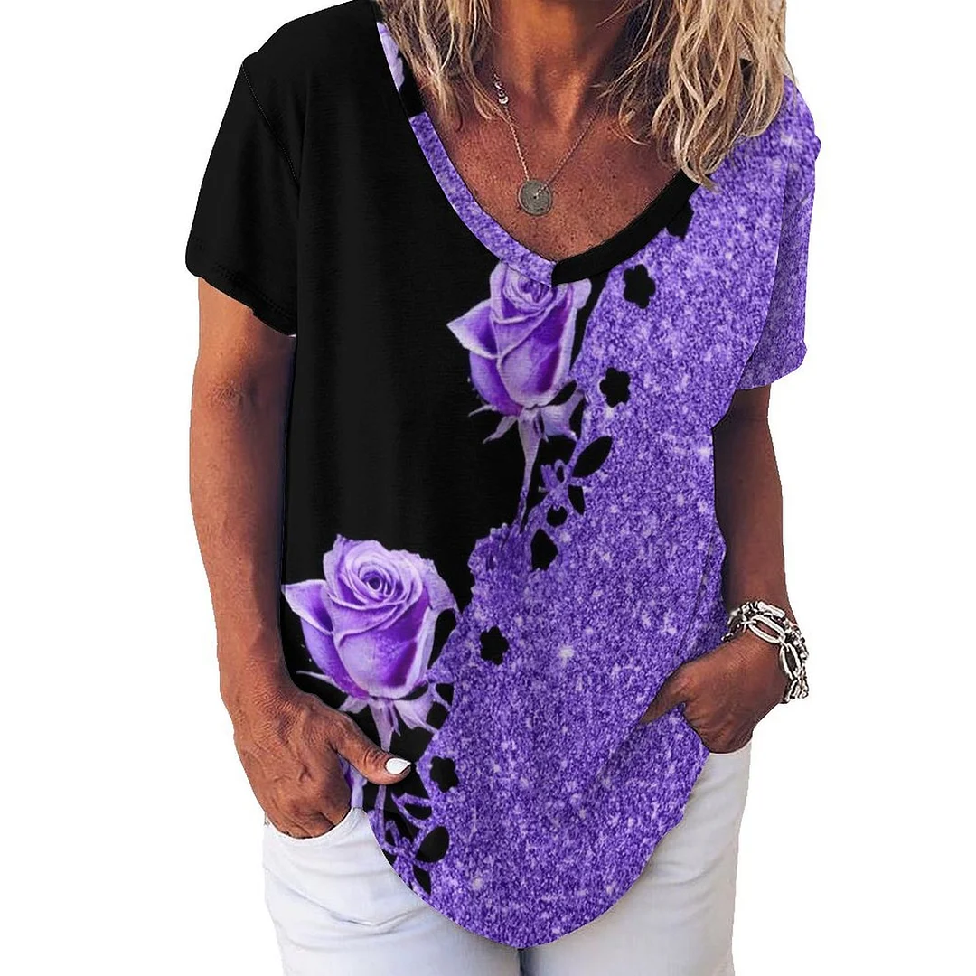 V-neck Short Sleeve Casual T-shirt for  Women Printed with Pattern Purple, Floral, Glitter