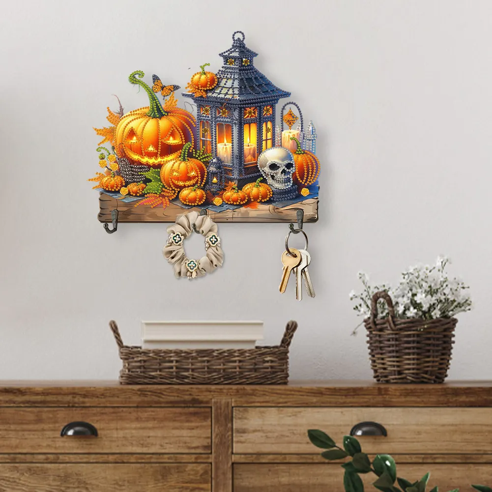 DIY Lantern Pumpkin Wooden Special Shape 3 Hooks Diamond Painting Hook Rail