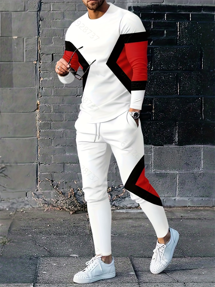 Geswet 2025 New Spring And Autumn Men's Long Sleeve T-shirt And Long Pants Set Daily Street Men's Fashion Long Sleeve T-shirt