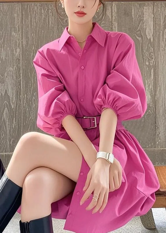 French Rose Peter Pan Collar Button Sashe Shirt Dress Summer