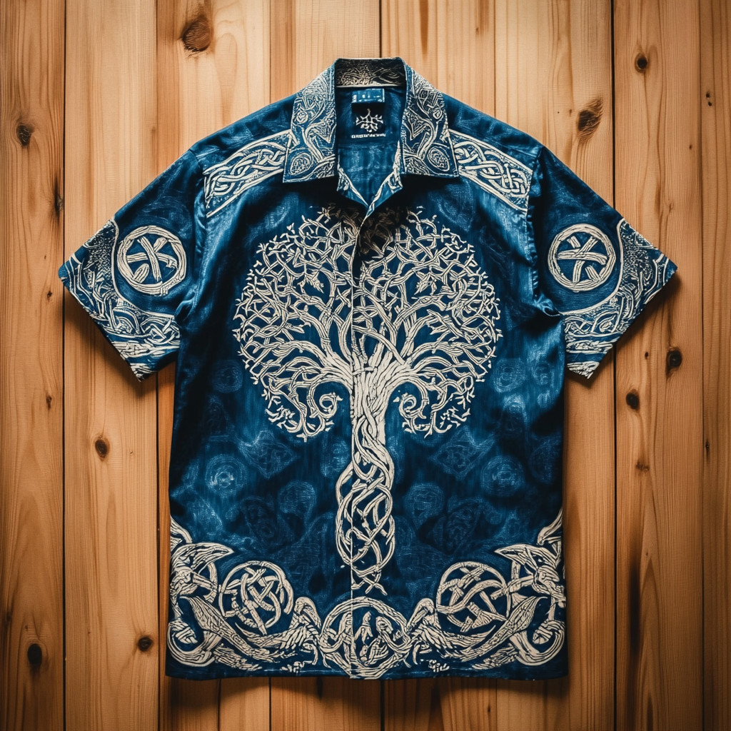 Viking Tree Of Life Ocean Art Men's Hawaiin Linen Shirt / Rvogue / Rvogue
