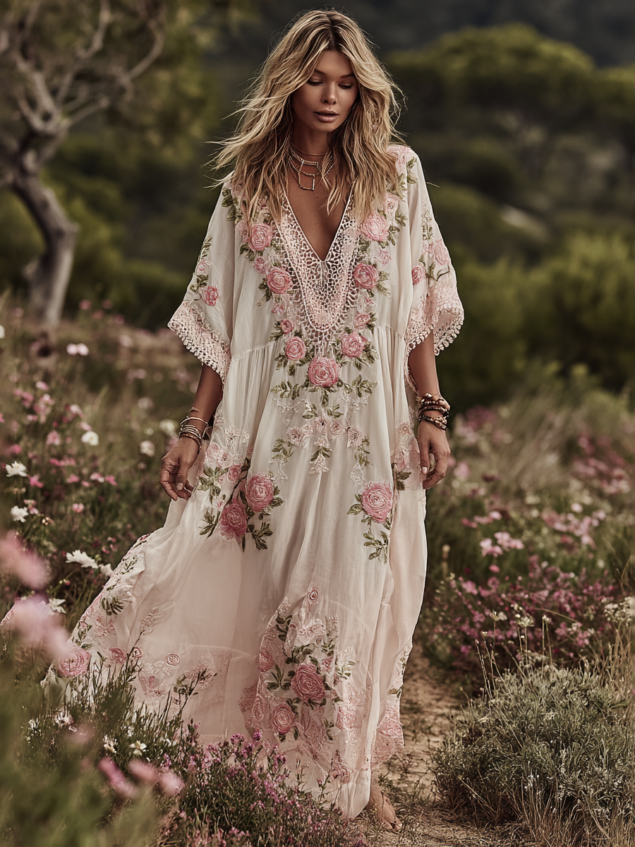 Women Vintage Pink Floral Lace Art Linen Blend Casual Maxi Dress Women Vintage Pink Floral Lace Art Linen Blend Casual Maxi Dress - Image 1
