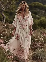 Women Vintage Pink Floral Lace Art Linen Blend Casual Maxi Dress