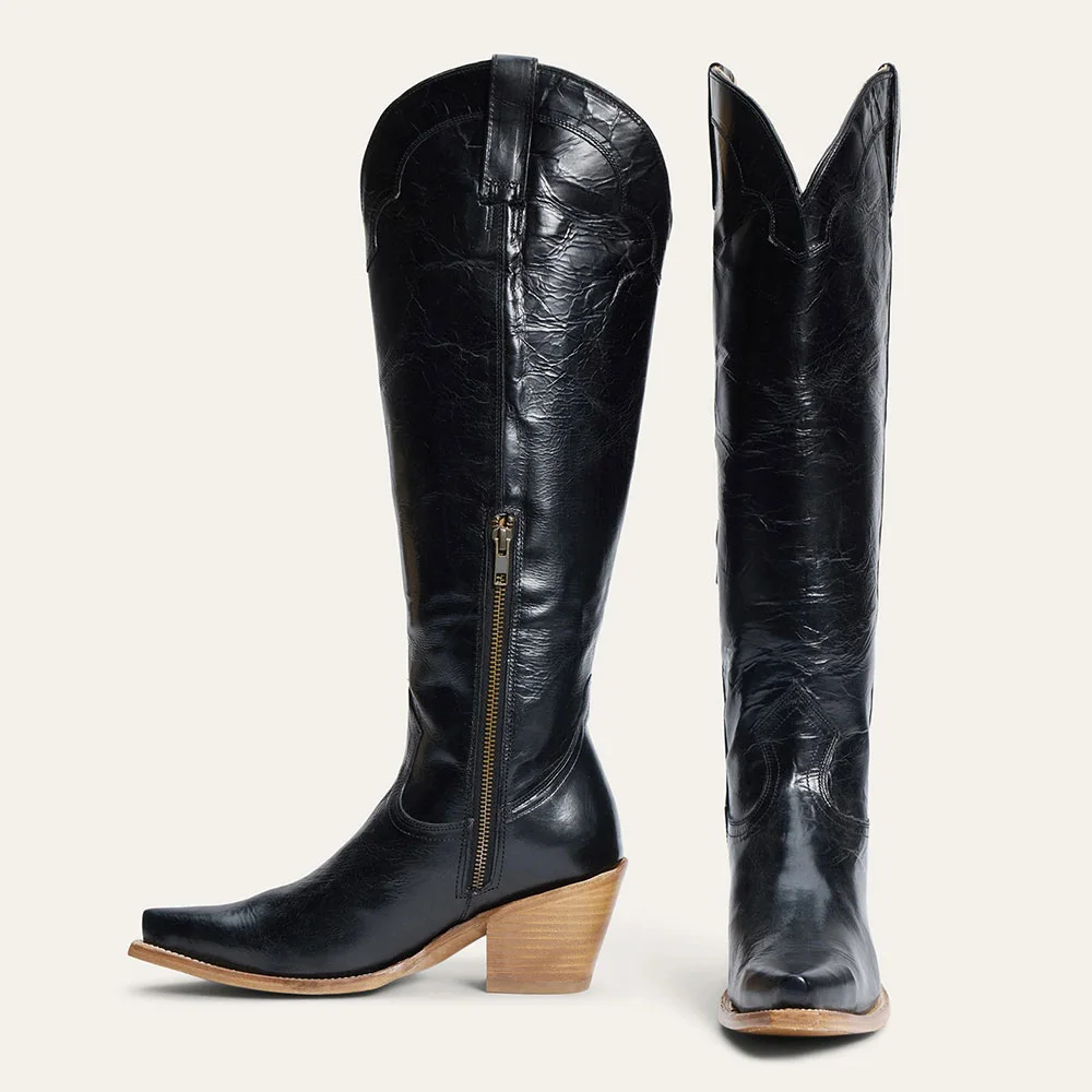Black Snip Toe Chunky Heel Side Zipper Western Boots for Women