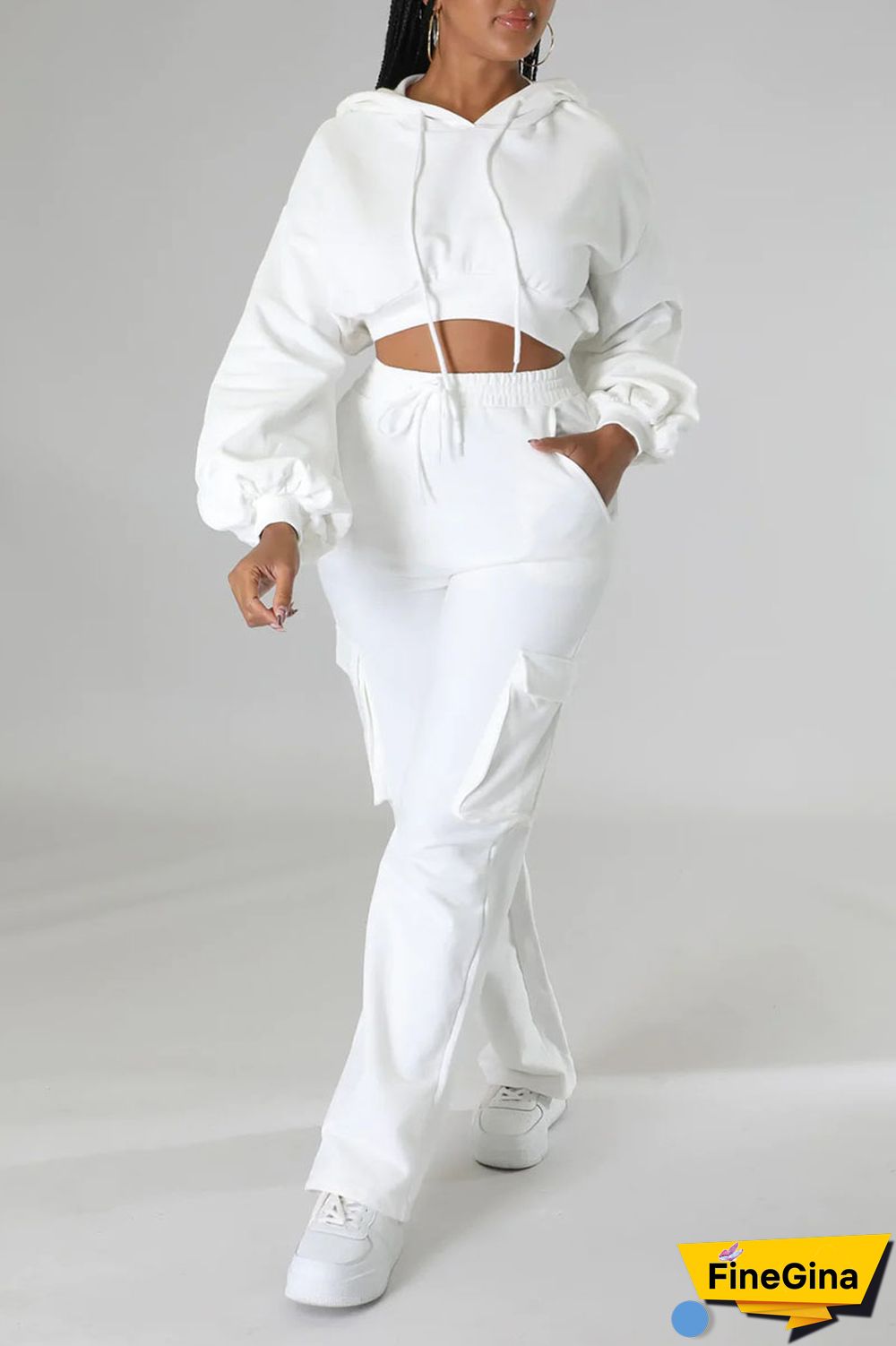 White Casual Solid Patchwork Hooded Collar Long Sleeve Two Pieces