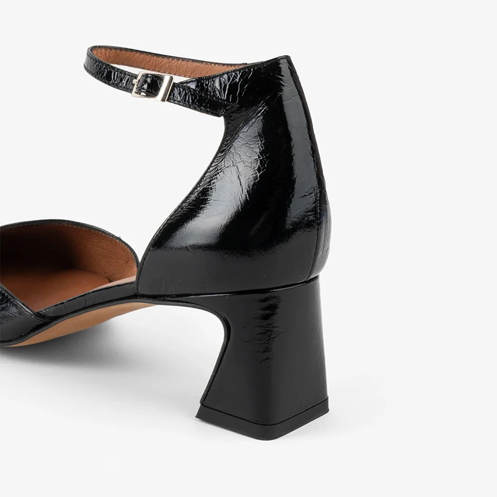 Classic Black Square Toe Chunky Heel Buckle Ankle Strap Pumps Shoes