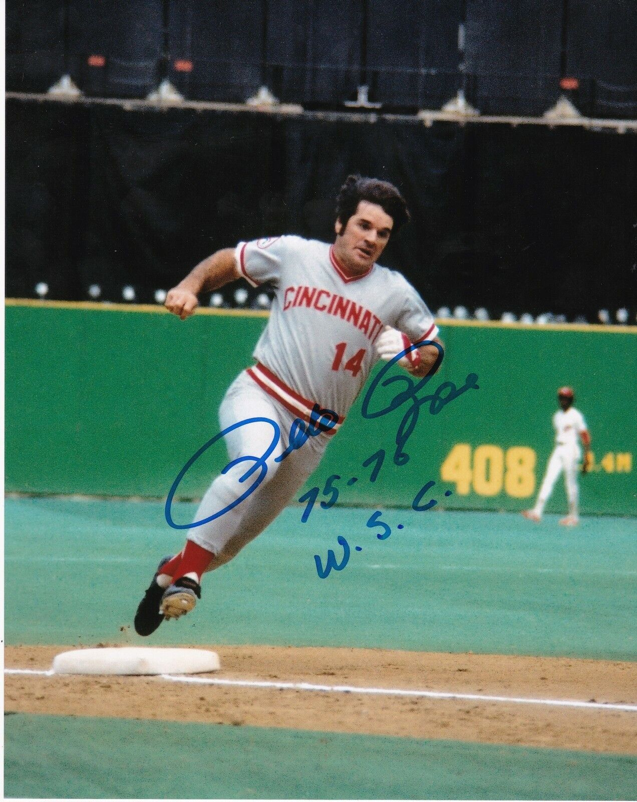 PETE ROSE CINCINNATI REDS 75-76 WS CHAMPS ACTION SIGNED 8x10