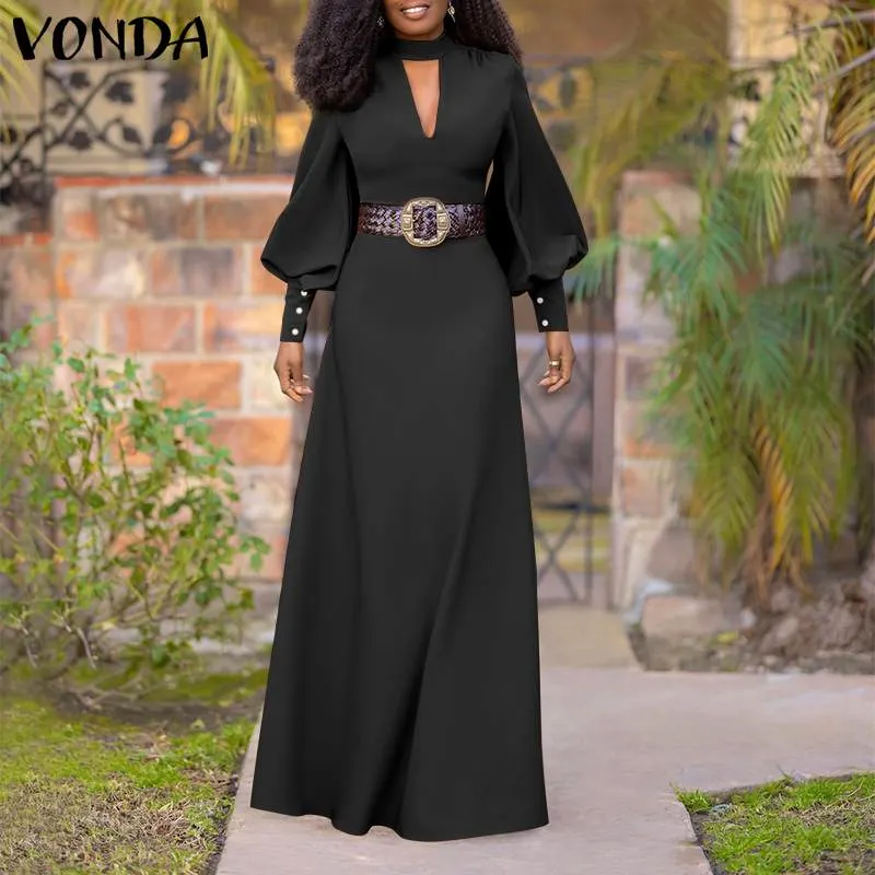 Elegant V Neck Dress 2022 VONDA Women Vintage Puff Sleeve Party Maxi Long Dress Casual Zipper Long Maxi Vestido Robe Femme