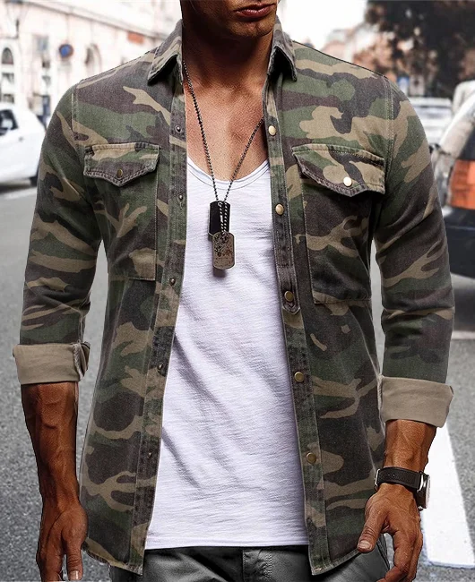 Daily Camouflage Denim Chest Pocket Single Breasted Shirt 